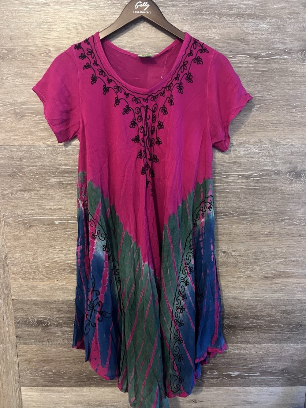 Tie Die Women Dress New Hippie Embroidered Boho Beach Summer Travel Pink Purple